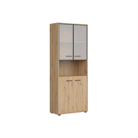 Vitrina SPACE OFFICE, stejar artisan/negru fumuriu, PAL laminat/sticla, cu 4 usi, 80x38x203 cm