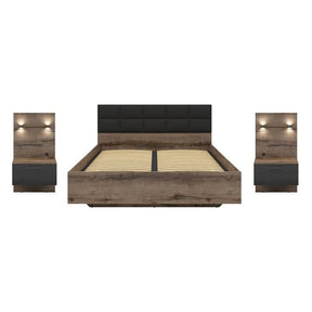 Pat KASSEL 160x200, nuc/negru, PAL/piele ecologica, cu somiera, spatiu depozitare, iluminare LED si 2 noptiere integrate