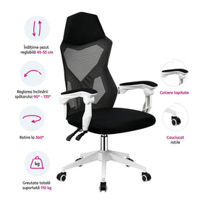 Scaun gaming YOKO, negru/alb, 60x65x113/123 cm