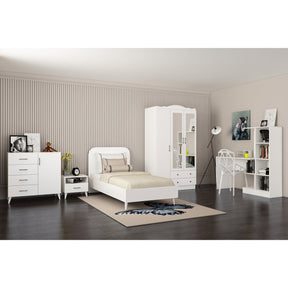 Set dormitor Lavinia 509, alb, PAL, format din pat 90, dulap comoda, birou si o noptiera