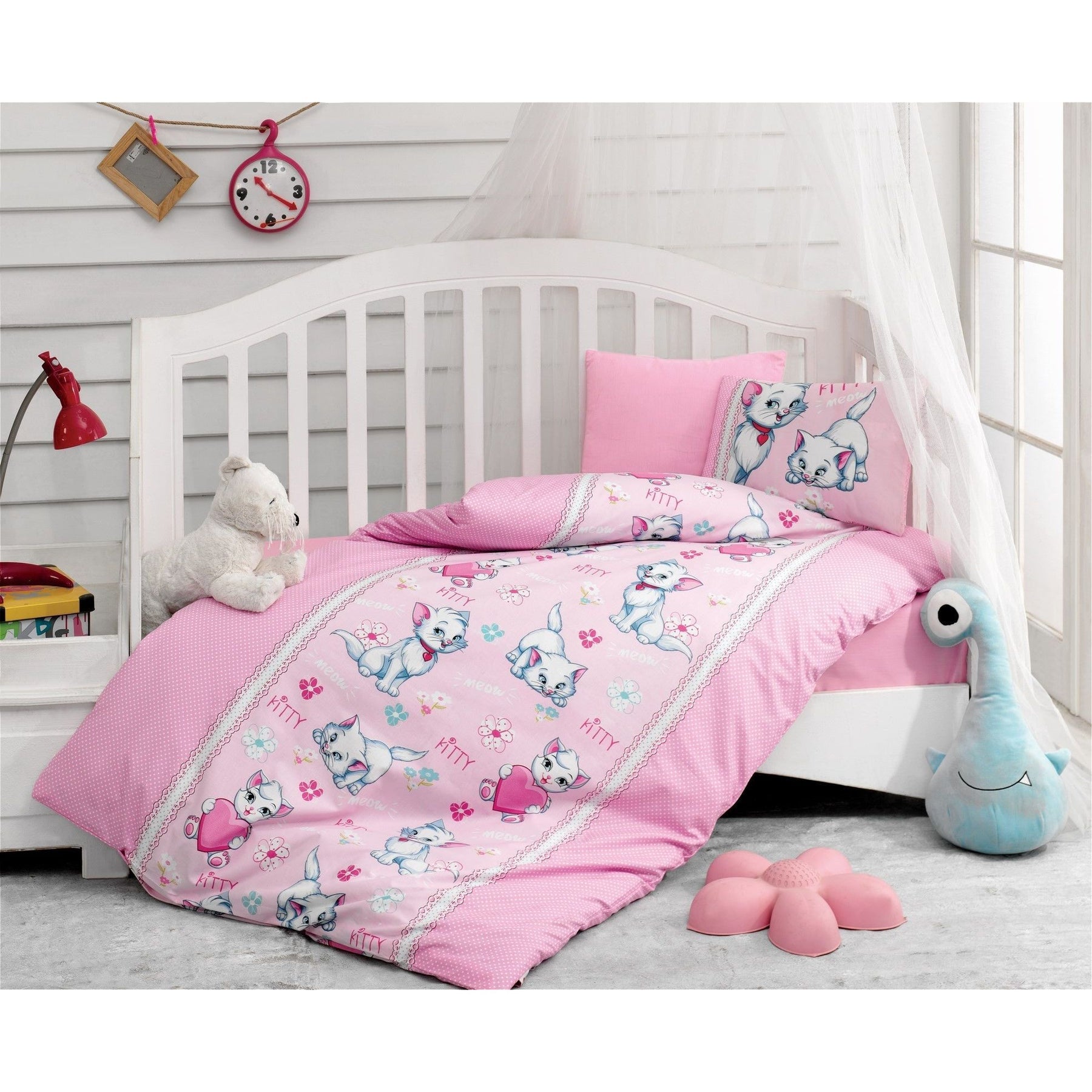 Set lenjerie pat pentru copii Miyav, bumbac ranforce 100%, roz/imprimeu pisici 100 x 150 cm + 2 fete de perna