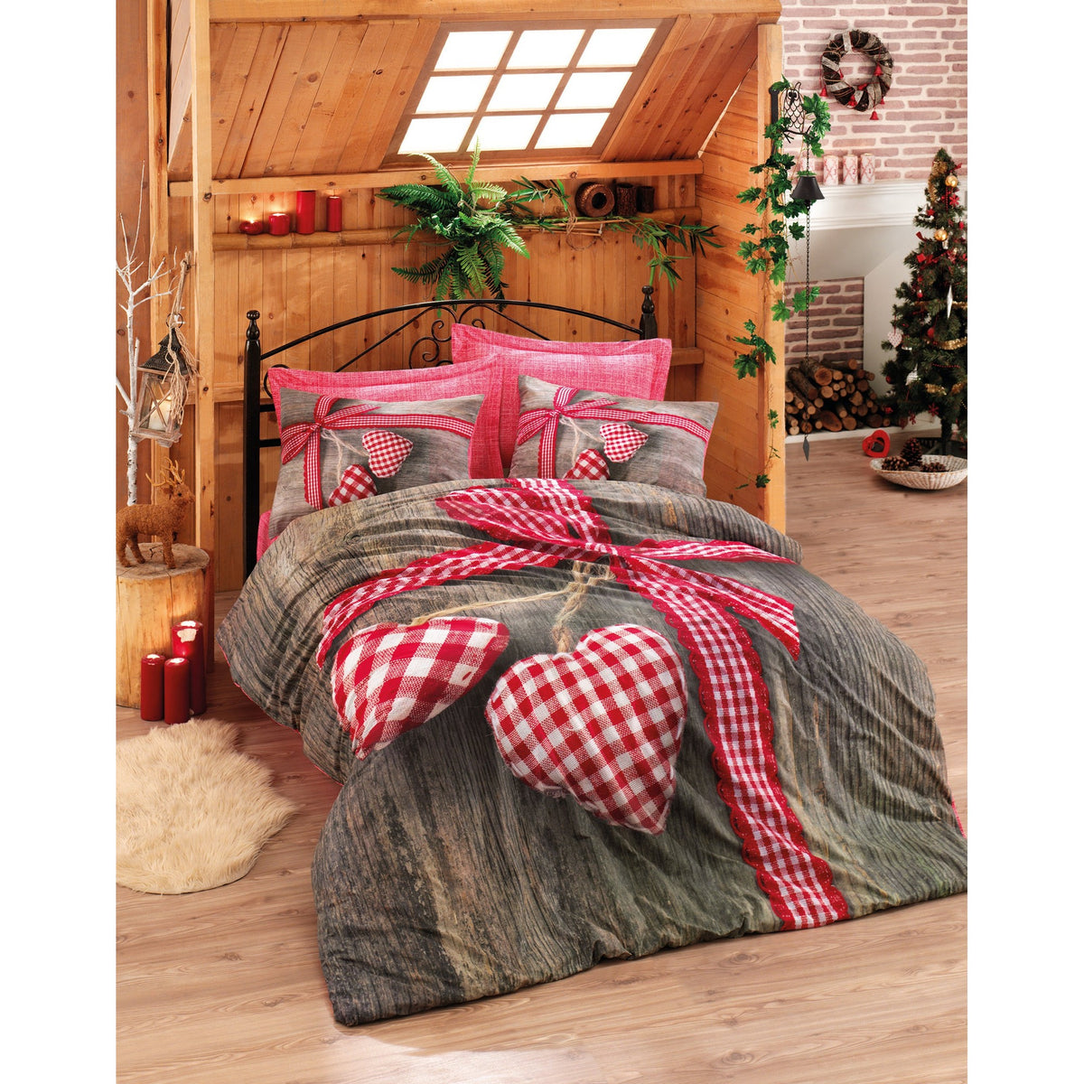 Set lenjerie pat dublu LOVEBOX, bumbac, rosu/gri, 240x260 cm, cu cearceaf pat, cearceaf pilota si 2 fete de perna