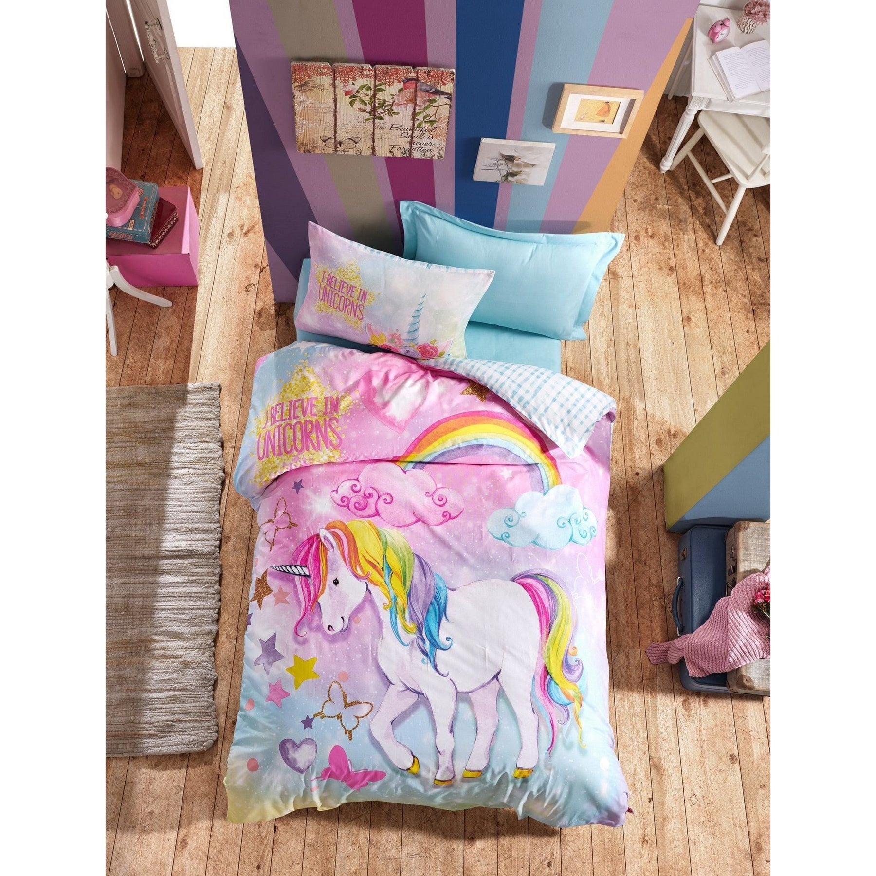 Set lenjerie pat pentru copii Dream, bumbac ranforce 100%, albastru/roz, 160 x 220 cm + 1 fata de perna