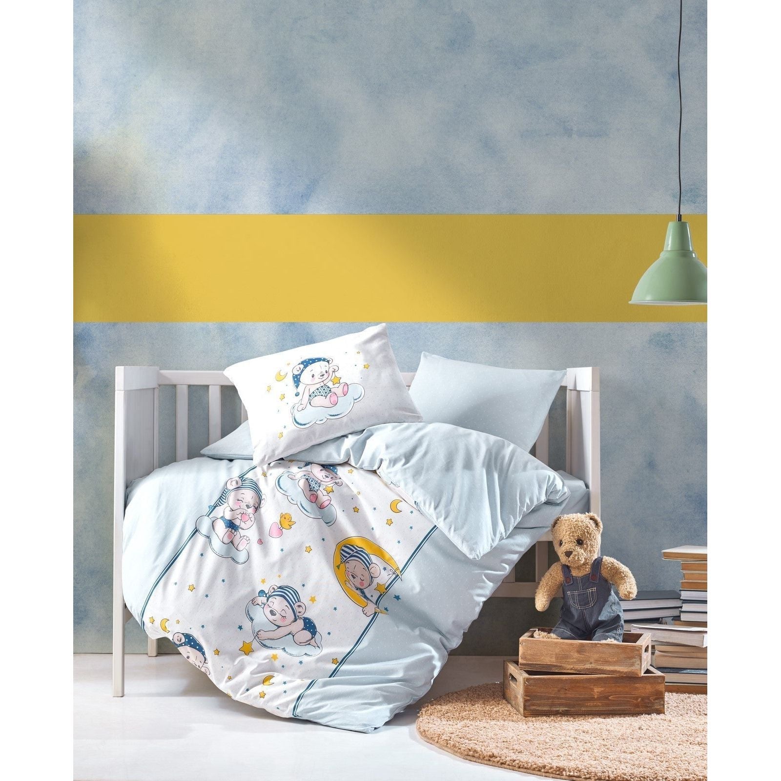 Set lenjerie pat pentru copii Bear, bumbac ranforce 100%, albastru deschis, 100 x 150 cm + 2 fete de perna