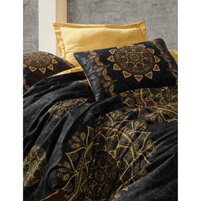 Set lenjerie pat dublu Alvina , bumbac satinat 100%, auriu/negru, 200 x 220 cm + 4 fete de perna