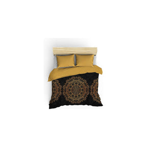 Set lenjerie pat dublu Alvina , bumbac satinat 100%, auriu/negru, 200 x 220 cm + 4 fete de perna