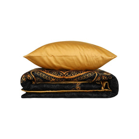 Set lenjerie pat dublu Alvina , bumbac satinat 100%, auriu/negru, 200 x 220 cm + 4 fete de perna