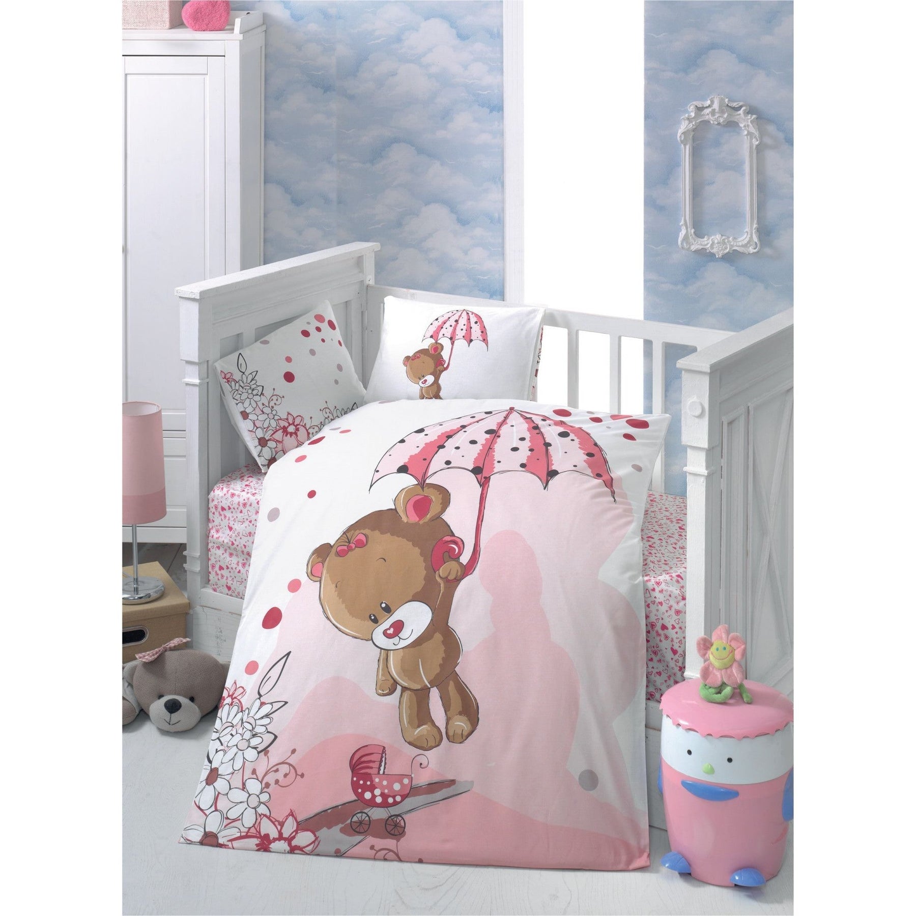 Set lenjerie pat pentru copii Ton, bumbac ranforce 100%, alb/roz, 100 x 150 cm + 2 fete de perna