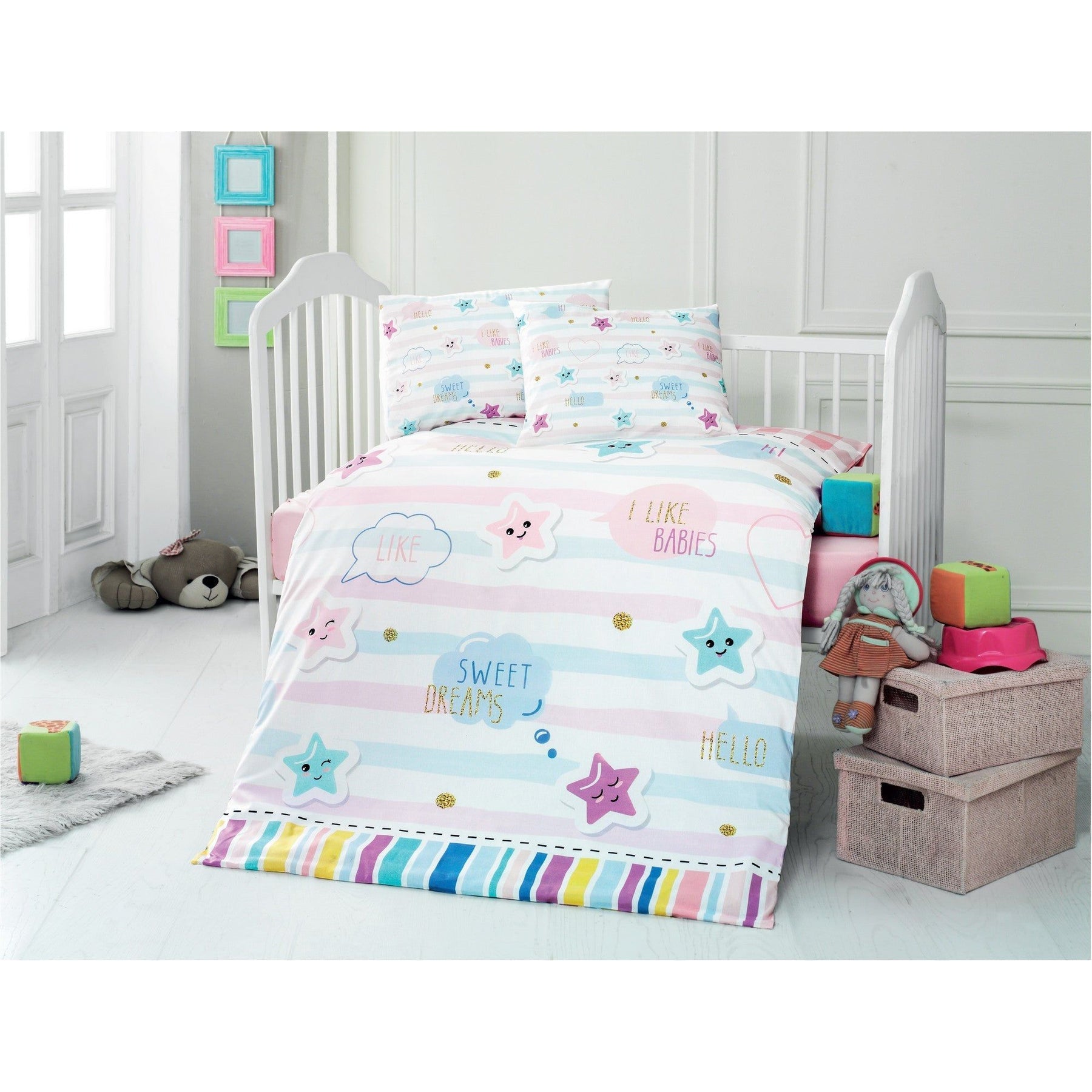 Set lenjerie pat pentru copii Dream, bumbac ranforce 100%, albastru/roz, 100 x 150 cm + 2 fete de perna