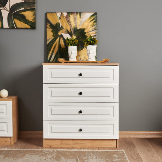 Comoda Tuvalle 026, alb/stejar, PAL, 80x49x90 cm