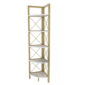 Etajera Remo, auriu/alb cu imprimeu marmura, de colt, PAL melaminat, 30.5x33x160 cm