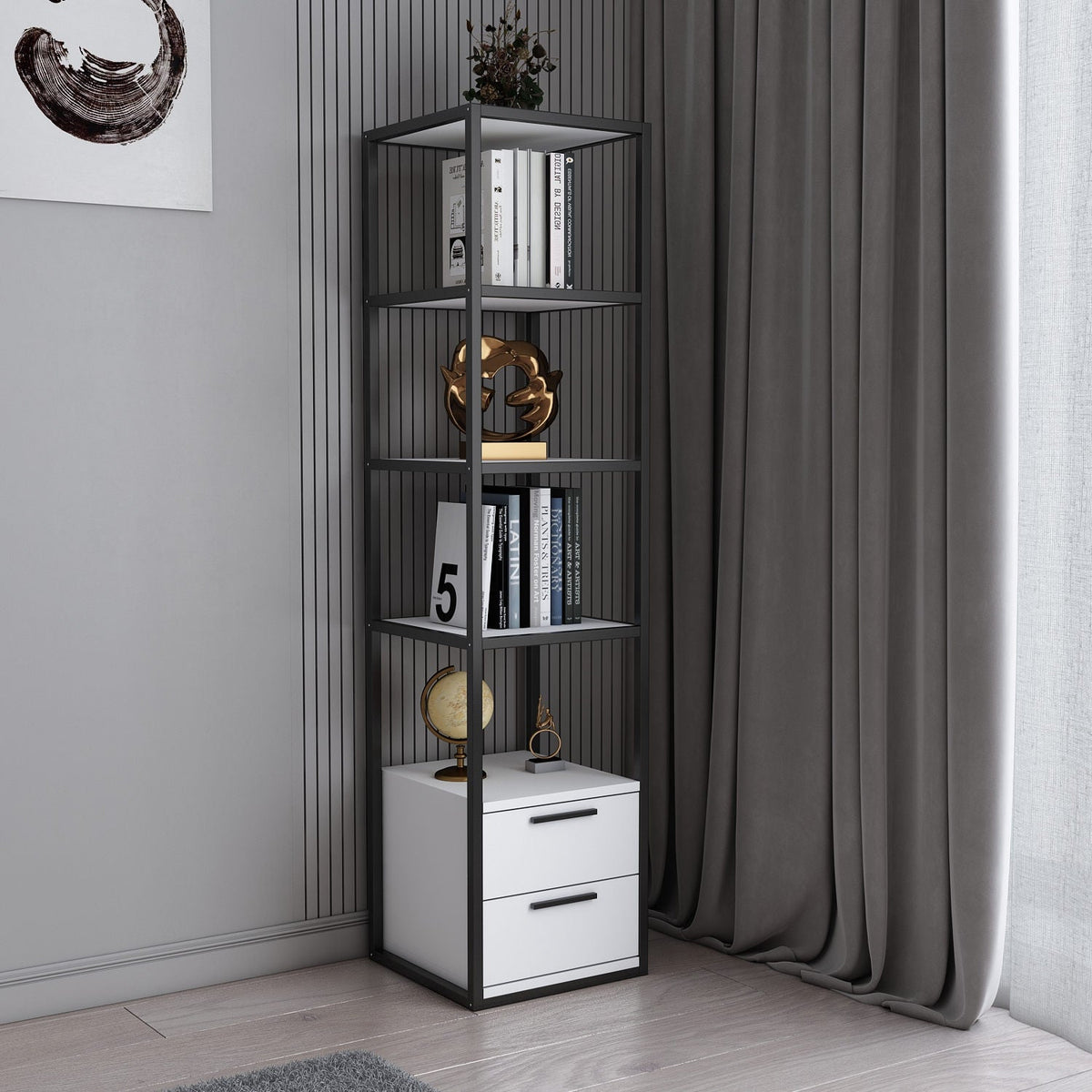 Biblioteca RobCoss, negru/alb, PAL/metal, 39x39x160 cm