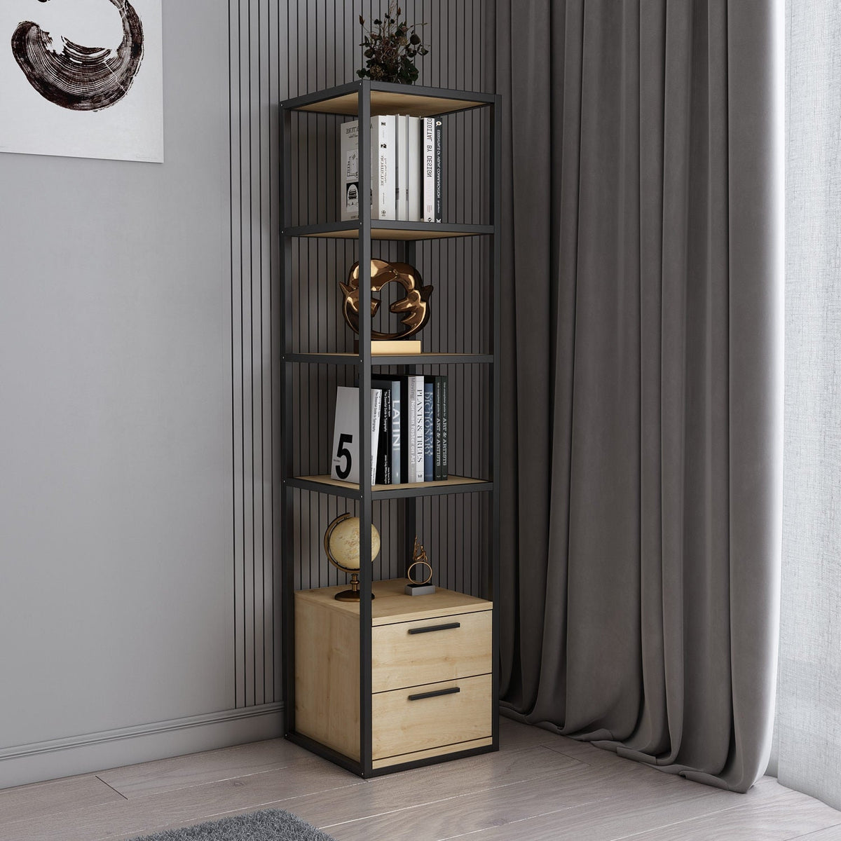 Biblioteca RobCoss, negru/stejar, PAL/metal, 39x39x160 cm