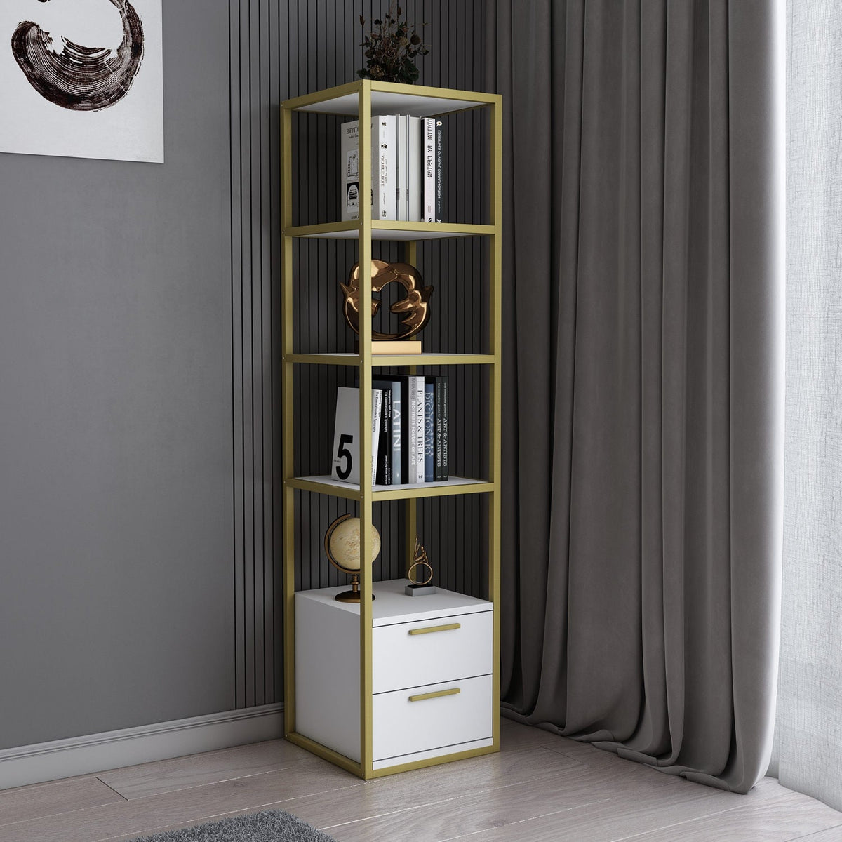 Biblioteca RobCoss, auriu/alb, PAL/metal, 39x39x160 cm