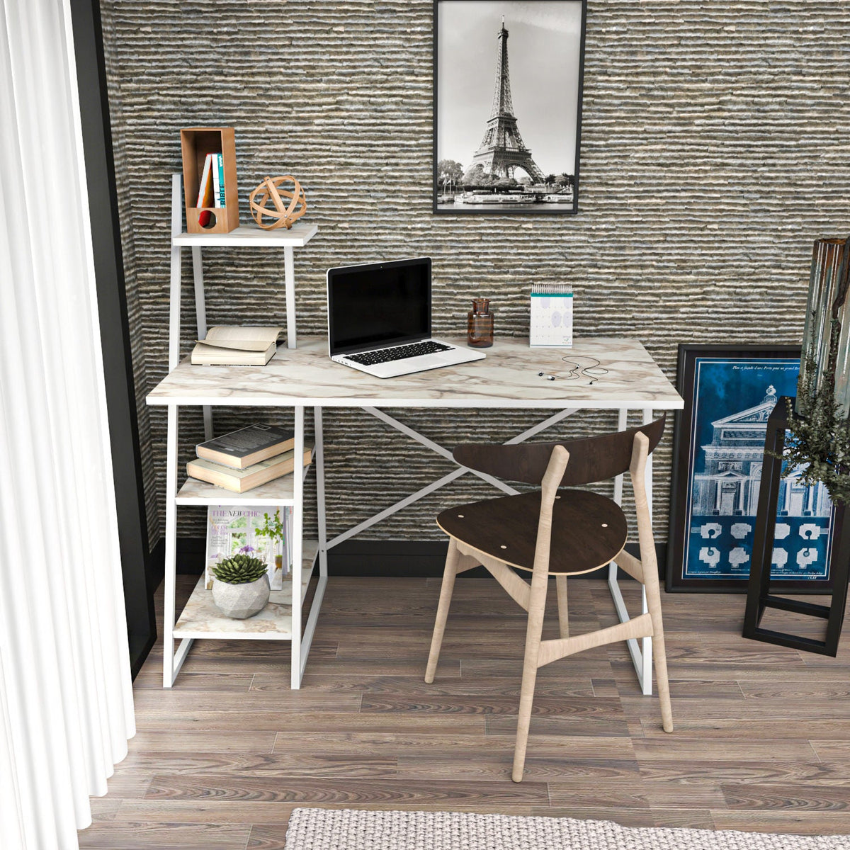 Birou Admira, alb/stejar, PAL/metal, 120x60x120 cm