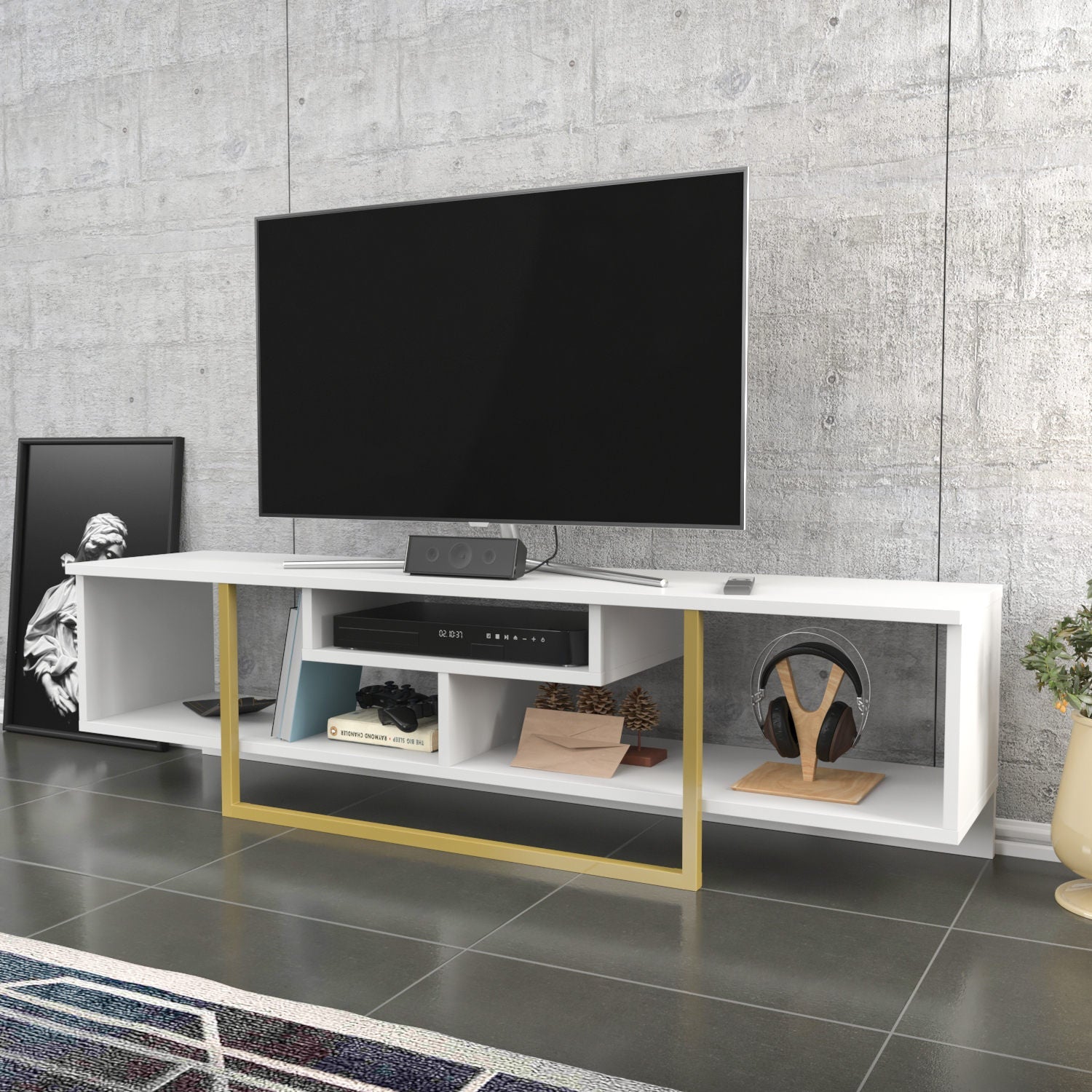 Comoda TV Asal 150, alb/auriu, PAL, 150x35x40 cm