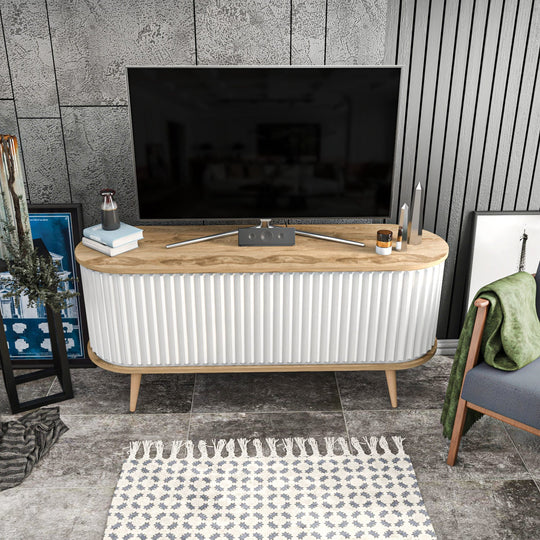 Comoda TV Stor, alb/stejar, PAL melaminat, 140x43x64 cm