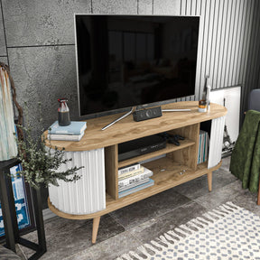 Comoda TV Stor, alb/stejar, PAL melaminat, 140x43x64 cm