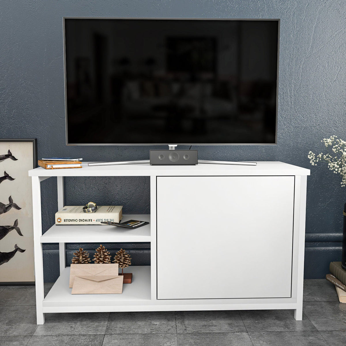Comoda TV Muskegon, alb, PAL/metal, 90x35x51 cm