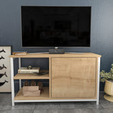 Comoda TV Muskegon, stejar/alb, PAL/metal, 90x35x51 cm