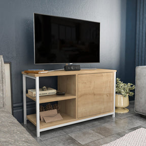 Comoda TV Muskegon, stejar/alb, PAL/metal, 90x35x51 cm