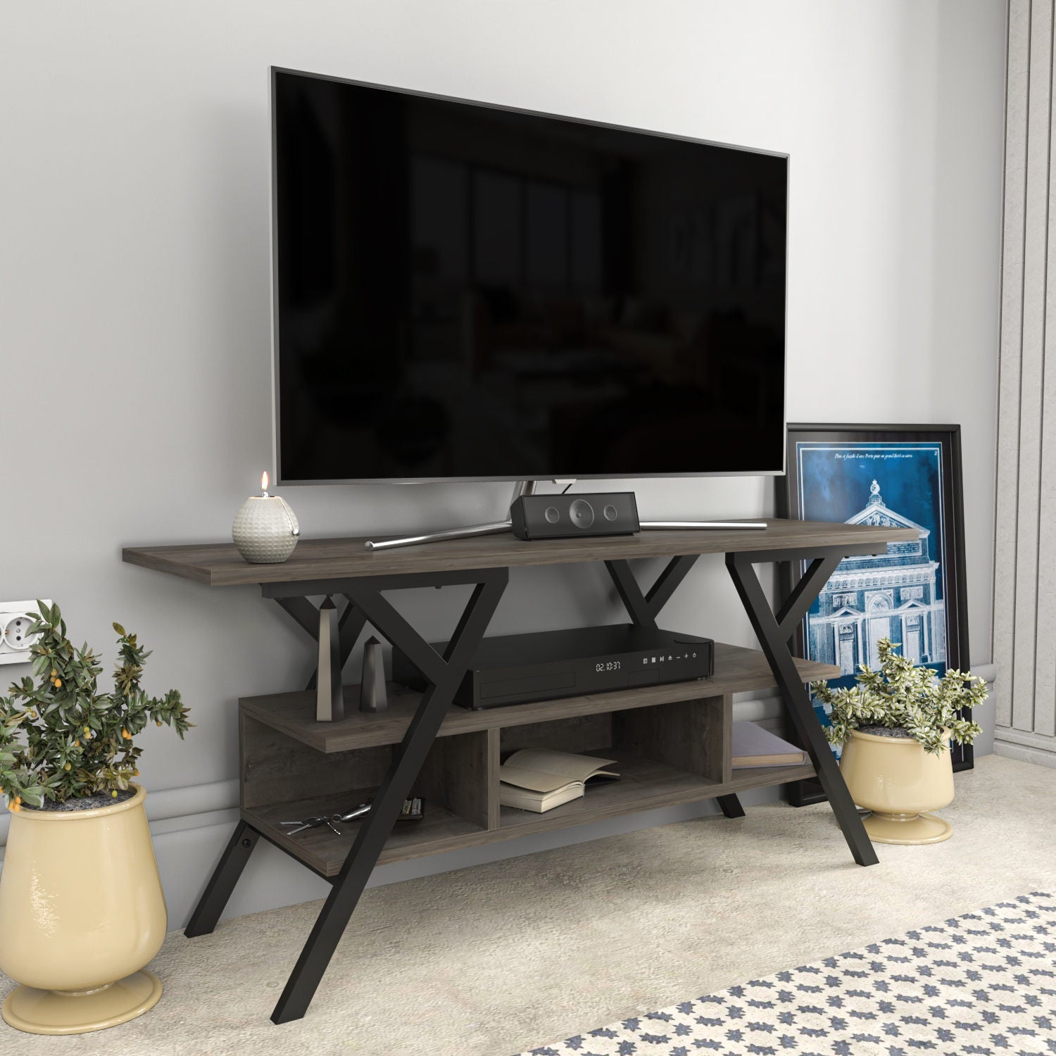Comoda TV Minerva, negru/gri, PAL/metal, 120x35x55 cm