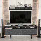 Set comoda TV si polita Ola, negru cu imprimeu marmura, PAL melaminat, 160x36x64.5 cm