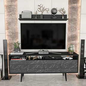 Set comoda TV si polita Ola, negru cu imprimeu marmura, PAL melaminat, 160x36x64.5 cm