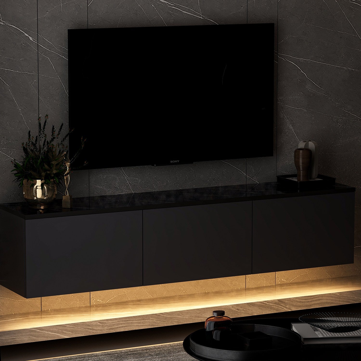 Comoda TV Neon Illuminated, gri, PAL melaminat, 160x35x32 cm