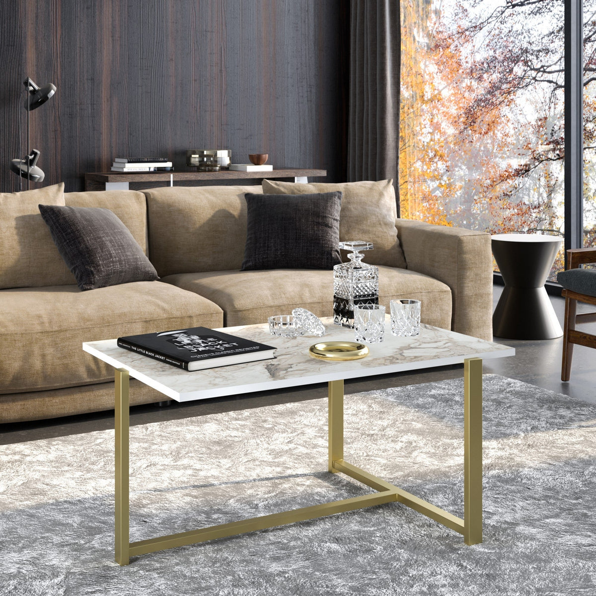 Masuta de cafea Merideths, din PAL melaminat, marmura alba/gold, 92x64x45 cm