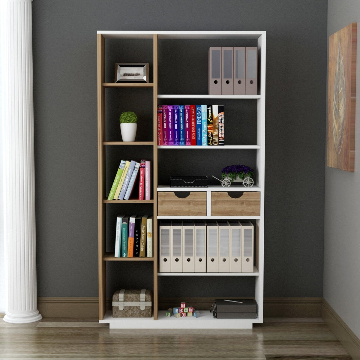 Biblioteca Luma, din PAL melaminat, stejar/alb, 81x25x189 cm