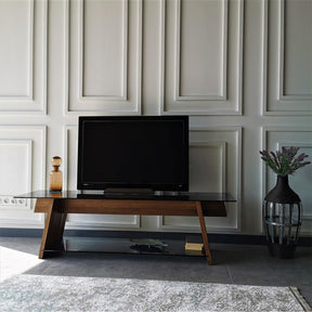 Comoda TV201, stejar, lemn de pin/sticla, 158x40x45 cm