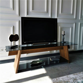 Comoda TV201, stejar, lemn de pin/sticla, 158x40x45 cm