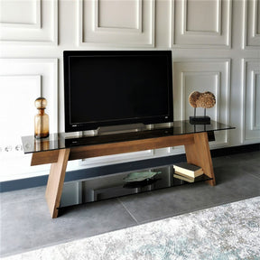 Comoda TV201, stejar, lemn de pin/sticla, 158x40x45 cm