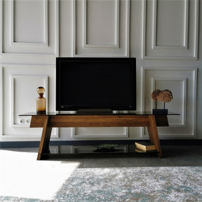 Comoda TV201, stejar, lemn de pin/sticla, 158x40x45 cm