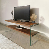 Comoda TV TV103, nuc, sticla/lemn masiv, 120x45x35 cm