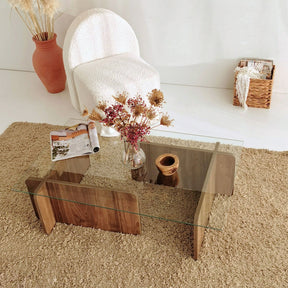 Masuta cafea Escape, nuc, sticla/PAL melaminat, 105x30x65 cm