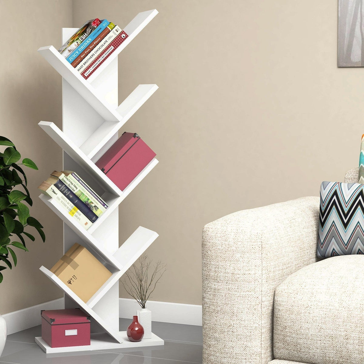 Biblioteca Hitit, din PAL melaminat, alb, 46x22x129 cm