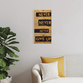 Decoratiune perete Never Give Up, stejar/negru, lemn, 30x3x58 cm
