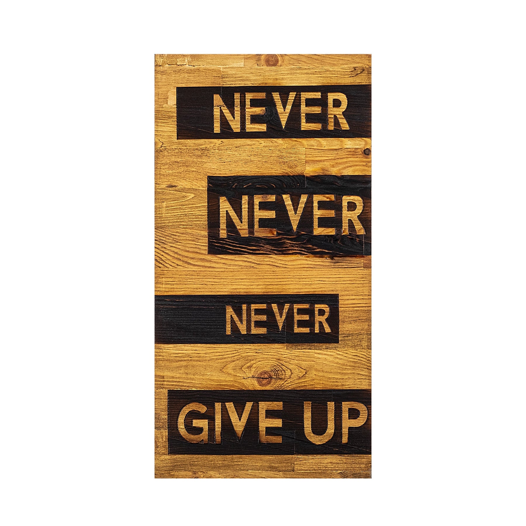 Decoratiune perete Never Give Up, stejar/negru, lemn, 30x3x58 cm