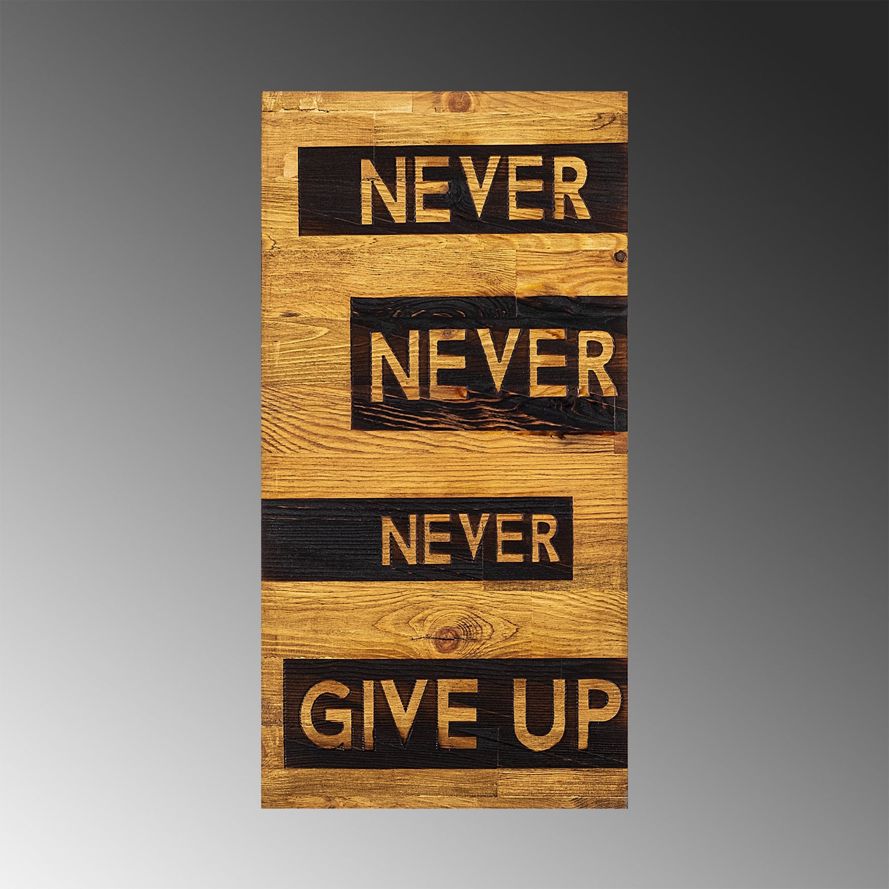 Decoratiune perete Never Give Up, stejar/negru, lemn, 30x3x58 cm
