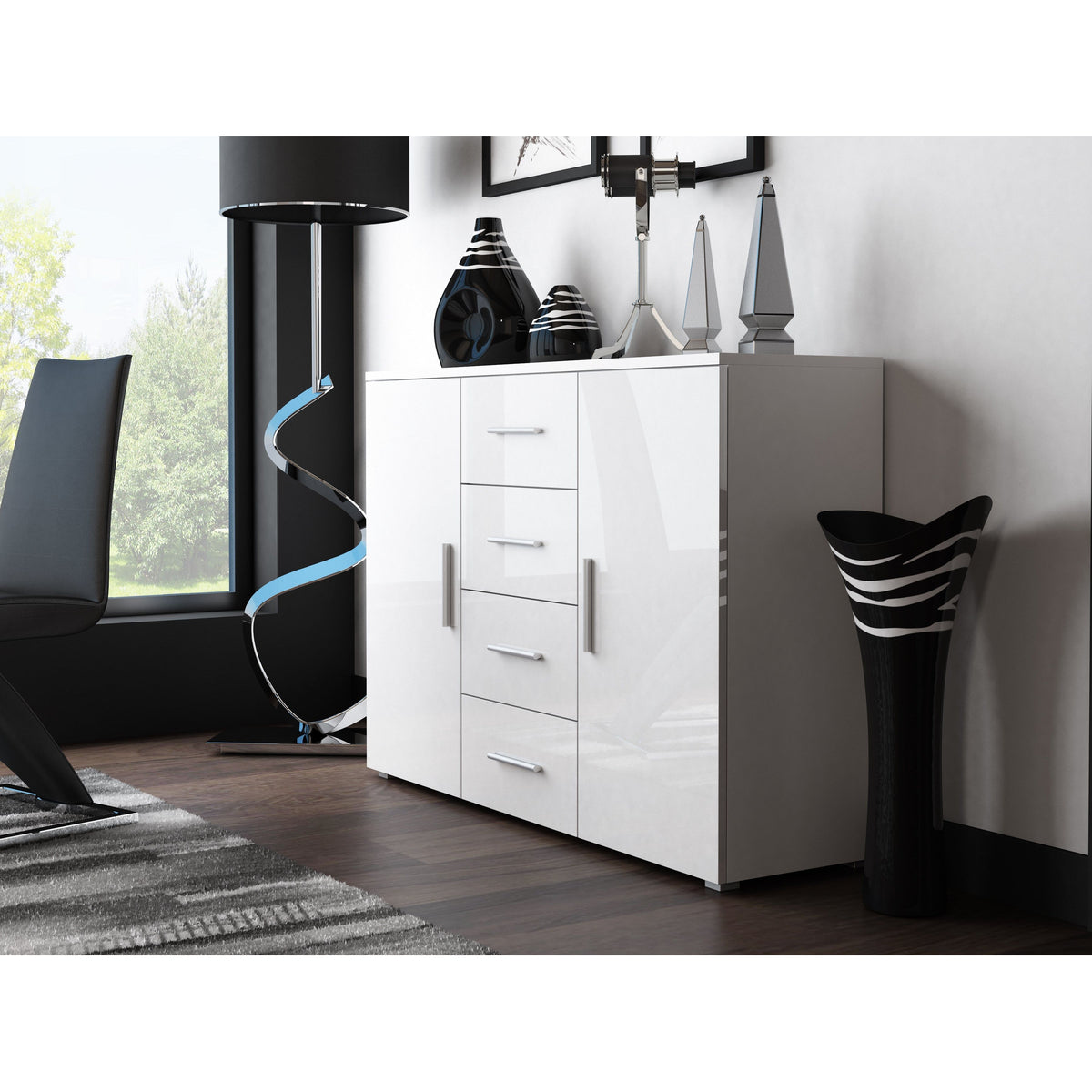 Comoda UNI, alb/alb lucios, 132x38x92 cm