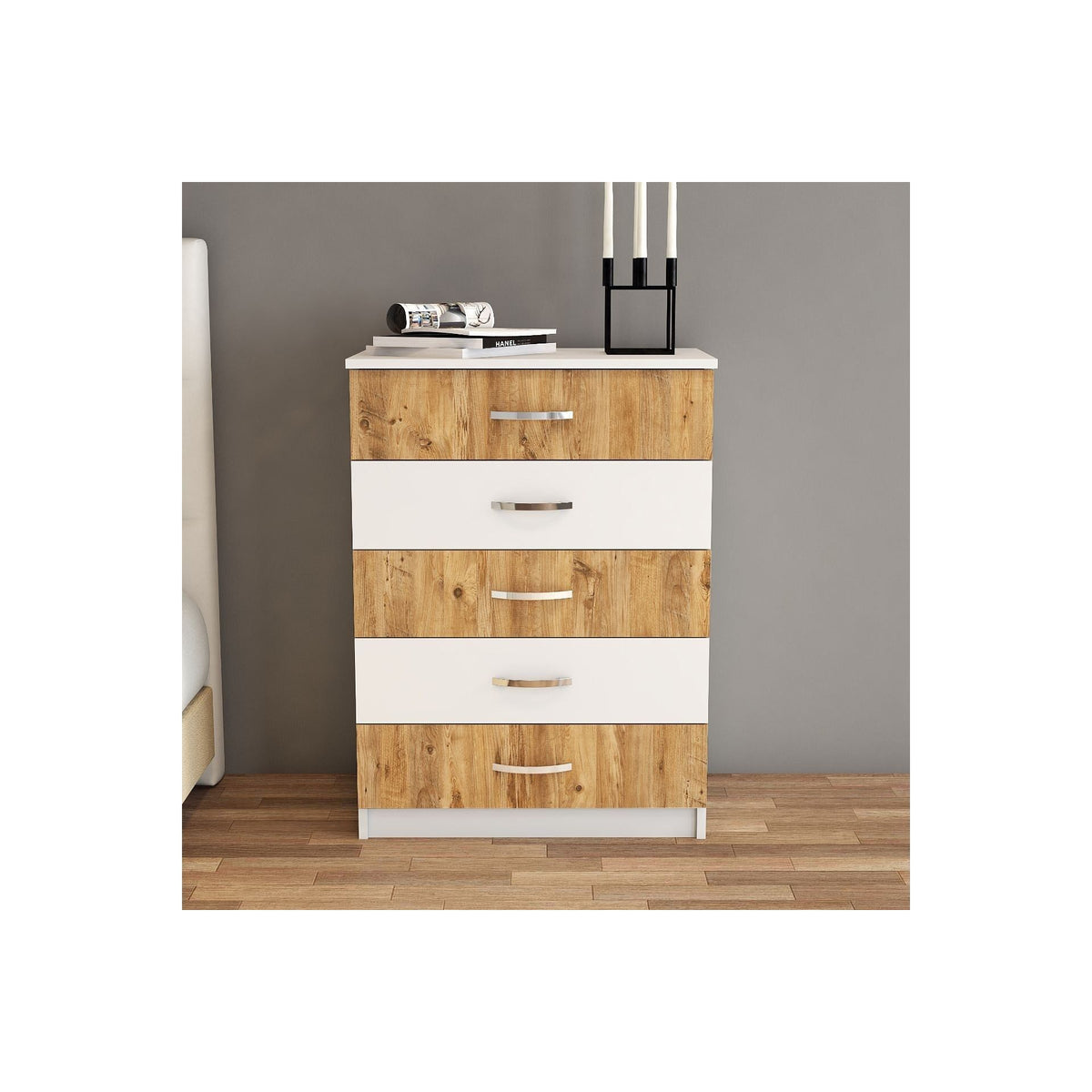 Comoda SFY0203, alb/stejar, PAL melaminat, 72x44.5x98 cm