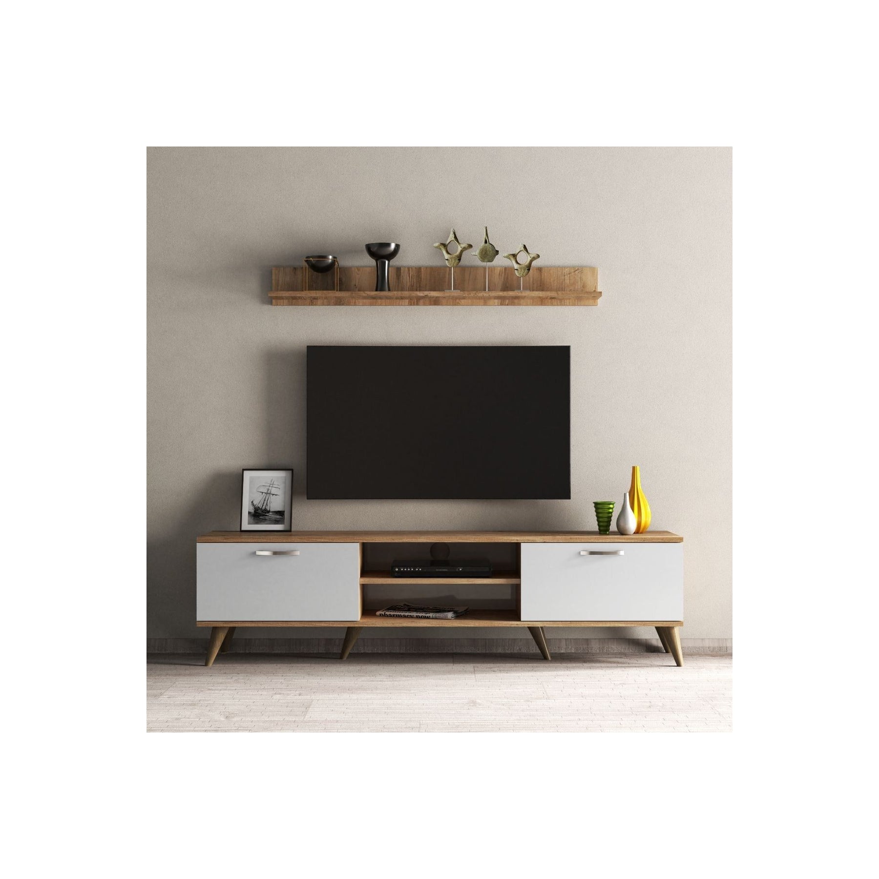 Set comoda TV si polita TVU0103, stejar/alb, PAL melaminat, 180x35x48 cm