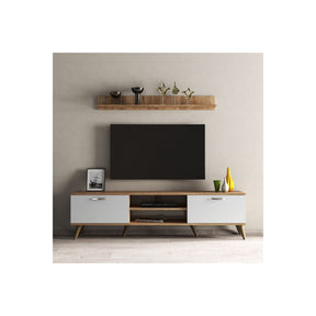 Set comoda TV si polita TVU0103, stejar/alb, PAL melaminat, 180x35x48 cm