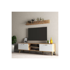 Set comoda TV si polita TVU0103, stejar/alb, PAL melaminat, 180x35x48 cm