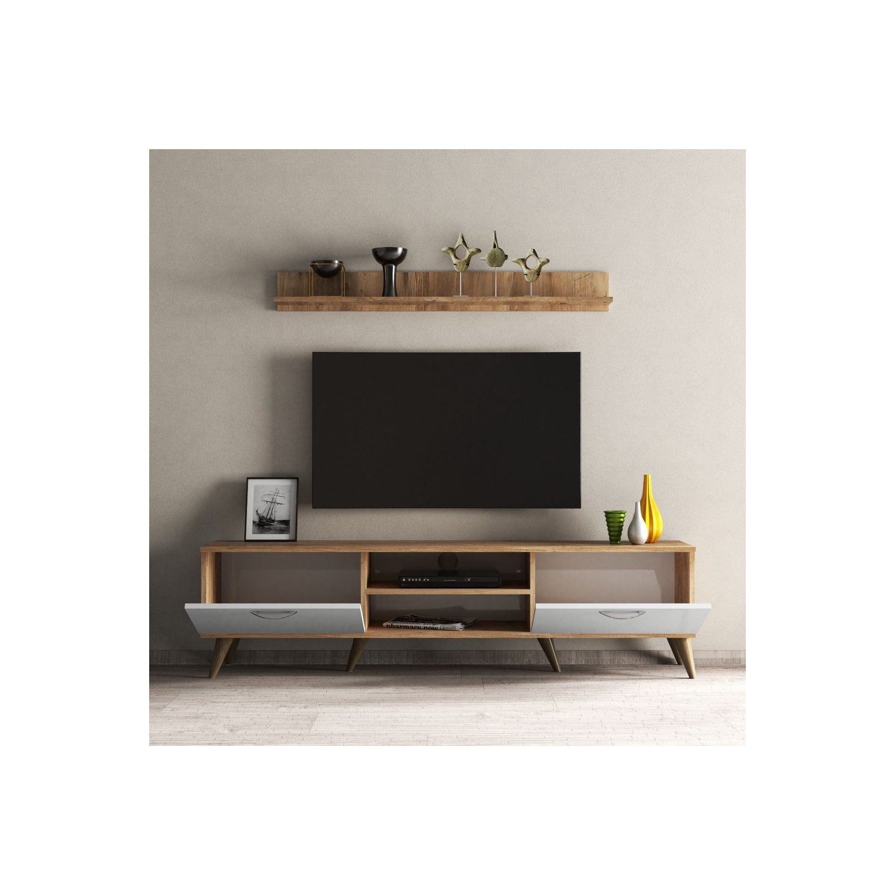 Set comoda TV si polita TVU0103, stejar/alb, PAL melaminat, 180x35x48 cm