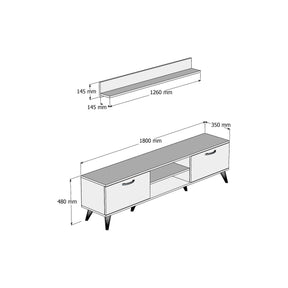 Set comoda TV si polita TVU0103, stejar/alb, PAL melaminat, 180x35x48 cm