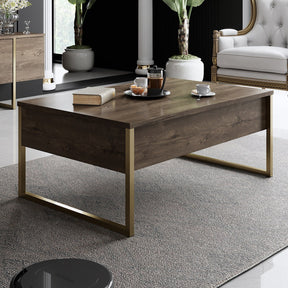 Masuta cafea Luxe, nuc/auriu, PAL/metal, 90x60x40 cm