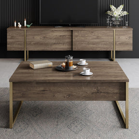 Masuta cafea Luxe, nuc/auriu, PAL/metal, 90x60x40 cm
